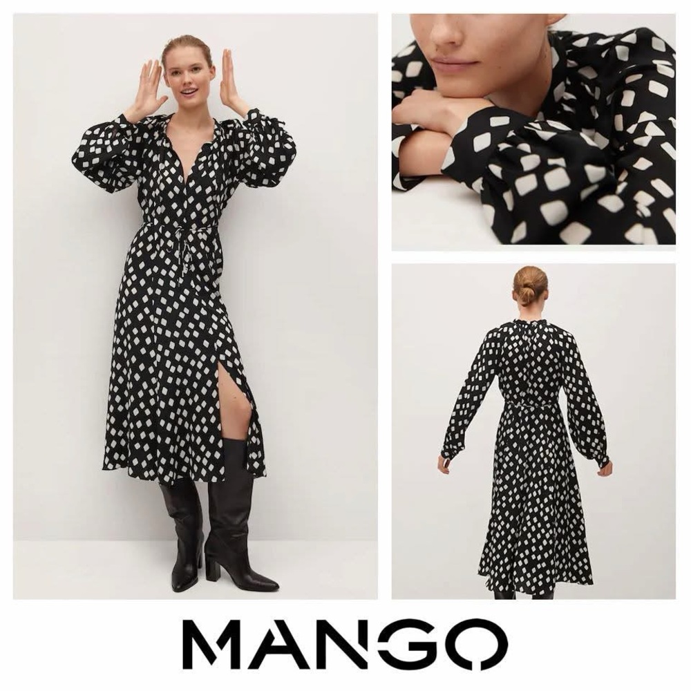Mango - Rombo Black & White Diamond Print Midi Dress Puff Sleeve - Size 4 - NWT